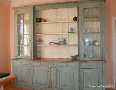 handcrafted custom cabinet kitchen hutch from reclaimed barn-wood milk-painted blue grey